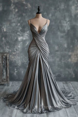 Mermaid V Neck Silver Spaghetti Straps Satin Long Prom Dresses Sexy Evening Dresses