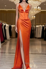 Mermaid V-Neck Spaghetti Straps Satin Dresses With Slit