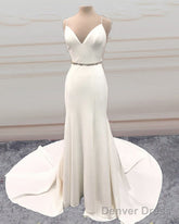 Mermaid V Neck Sweep Train Wedding Dress Bow Sashes