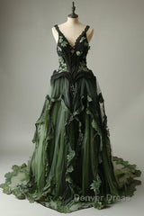 Mermaid V-Neck Tulle Applique Long Prom Dresses Vintage Lace Formal Evening Dresses