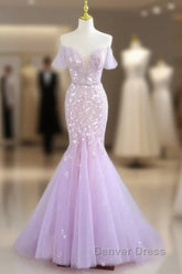 Mermaid V Neck Tulle Sequin Purple Long Prom Dresses Formal Dresses
