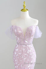 Mermaid V Neck Tulle Sequin Purple Long Prom Dresses, Purple Long Formal Dresses