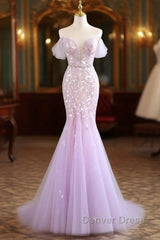 Mermaid V Neck Tulle Sequin Purple Long Prom Dresses, Purple Long Formal Dresses