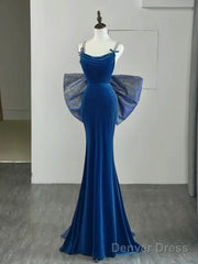 Mermaid Velvet Blue Long Prom Dress, Blue Long Formal Dress