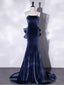 Mermaid Velvet Blue Long Prom Dress, Blue Velvet Long Prom Dresses