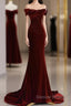 Mermaid Velvet Burgundy Long Prom Dresses, Burgundy Long Evening Dresses