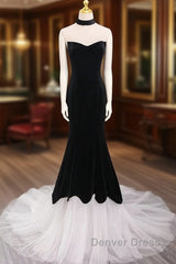 Mermaid Velvet Tulle Black Long Prom Dresses, Black Long Formal Dresses