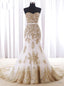 Mermaid White Tulle Gold Lace Sweetheart Wedding Dresses