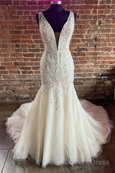 Mermaid White Tulle Lace Plunge V Long Wedding Dress Open Back