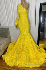 Mermaid Yellow One Shoulder Long Sleeve Prom Dresses