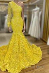 Mermaid Yellow One Shoulder Long Sleeve Prom Dresses