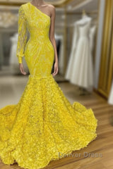 Mermaid Yellow One Shoulder Long Sleeve Prom Dresses