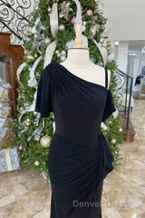 Black One Shoulder Mermaid Ruffle Long Mother of Bride Dresses with Slit