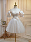 Mini Short Beige Prom Dress, Beige Tulle Lace Homecoming Dresses