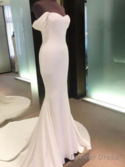 Minimalist Tight Fitting Off The Shoulder Short Sleeved And Floor Length Off The Back Wedding Dress