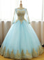 Mint Blue Long Sleeves With Gold Lace Long Party Dress, Tulle Round Neckline Sweet 16 Dress