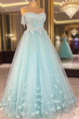 Mint Blue Sweetheart Tulle With Lace And Flowers Formal Dresses, Tulle Long Prom Dresses Party Dresses