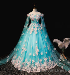 Mint Blue Tulle Embroidery Silk Flowers Quinceanera Dress, Blue Long Ball Gown Formal Dress