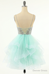 Mint Green Homecoming Dresses Straps V-Neck Multi-Layer Beaded Prom Dresses