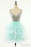 Mint Green Homecoming Dresses Straps V-Neck Multi-Layer Beaded Prom Dresses