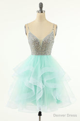 Mint Green Homecoming Dresses Straps V-Neck Multi-Layer Beaded Prom Dresses