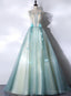 Mint Green Long Tulle with Lace Sweet 16 Dress, Long Prom Dresses