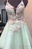 Mint Green Short Homecoming Dress With Flowers, Mini Tulle Graduation Dresses With Pearls