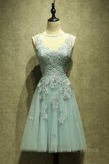 Mint Green Tulle Short Lace Beaded Knee Length Wedding Party Dresses, Lovely Homecoming Dresses Prom Dresses