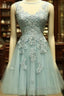 Mint Green Tulle Short Lace Beaded Knee Length Wedding Prom Dress, Lovely Homecoming Dress Prom Dresses
