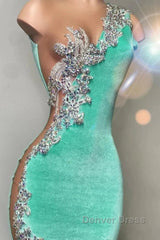 Mint Green Velvet Crstyal Sheer Mermaid Prom Dresses