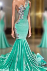 Mint Green Velvet Crstyal Sheer Mermaid Prom Dresses