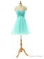 Mint Short Spaghetti Tulle Crystals Homecoming Dresses