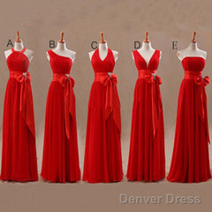 Mismatched Junior Chiffon Red Long A-Line Floor Length Bow Sash Cheap Maxi Bridesmaid Dresses,