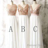 Mismatched Sequin Top White Chiffon Sleeveless Long Column Bridesmaid Dresses For Wedding,