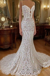 Modern Lace Mermaid Wedding Dresses Spaghetti Straps Appliques Bridal Gowns