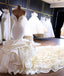 Modern Strapless Mermaid Ivory Wedding Dresses Tiered Ruffless Satin Bridal Gown with Cathedral Train