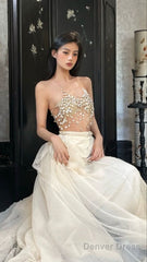 Modest 2 Pieces Strapless Long Champagne Tulle Prom Dresses