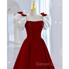 Modest A Line Long Short Sleeves Satin Red Prom Dresses