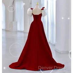 Modest A Line Long Short Sleeves Satin Red Prom Dresses