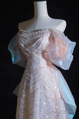 Modest A Line Off The Shoulder Pink Sequin Long Floor Length Pearls Prom Dresses