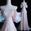 Modest A Line Off The Shoulder Pink Sequin Long Floor Length Pearls Prom Dresses