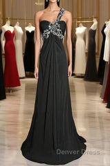 Modest A Line One Shoulder Gray Chiffon Long Prom Dresses Party Dresses