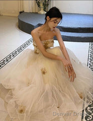 Modest A Line Strapless Long Champagne Tulle Prom Dresses