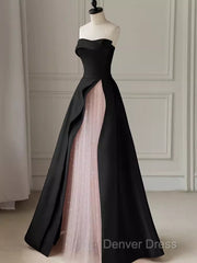 Modest A Line Strapless Long Satin Black Prom Dresses