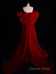 Modest A Line Strapless Long Short Sleeves Satin Red Prom Dresses