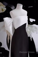 Modest A Line Strapless Long Sleeveless Satin Black Prom Dresses