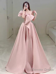 Modest A Line Strapless Long Sleeveless Satin Pink Prom Dresses