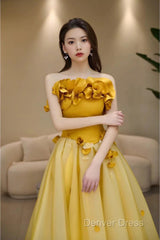 Modest A Line Strapless Yellow Tulle Long Prom Dresses Party Dresses