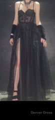 Modest A Line Straps Black Lace Prom Dresses