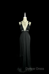Modest A Line Straps Black Satin Long Prom Dresses Party Dresses